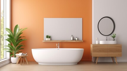 Fototapeta na wymiar Modern bathroom interior with brown parquet floor, white and orange walls, vanity white sink, oval mirror, bathtub, interior plants, front view. Vintage bathroom with Japandi concept. 3D rendering