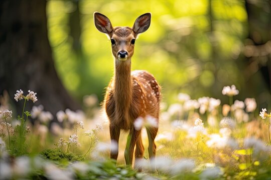 Female roe deer with beautiful flower.