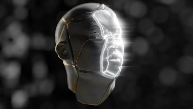 A broken human face with a mask in a 3D animation