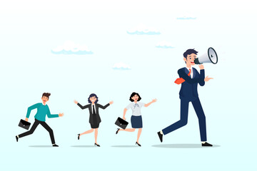 Businessman leader megaphone pointing team direction, leadership for team direction, success strategy, lead team to achieve goal, inspiration or motivate employee, manager or company mission (Vector)