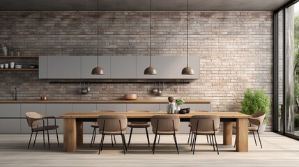 Modern kitchen interior with gray and white brick walls, a concrete floor and gray and wooden...