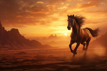 Nature, landscape and animals concept. Majestic wild horse galloping through desert