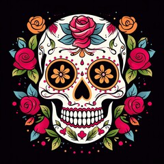 Mexican roses skull. Mexican roses skull. Dia de los muertos shugar colorful head.