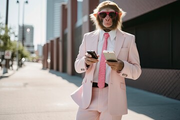 A Monkey is wearing sunglasses, suit and standing on street.