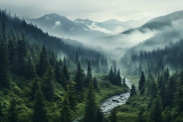 Landscape with rain-drenched mountain forest. Generative AI