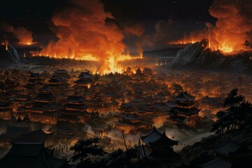 Fiery torches illuminate the city of Sugakawa. Generative AI