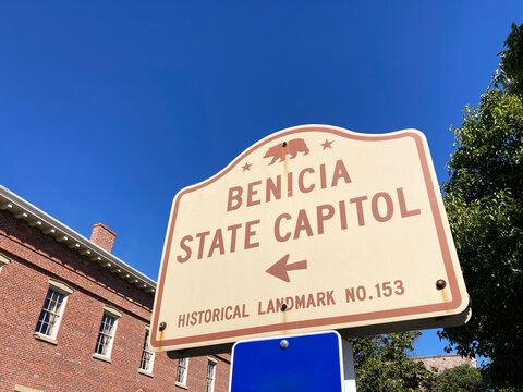Benicia State Capitol historical landmark 153 directional sign - Benicia, California, USA - October 15, 2023
