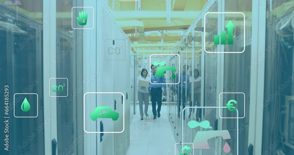 Poster animation of eco icons and data processing over diverse it people and computer servers