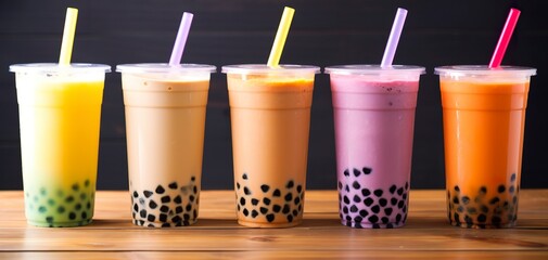 Plastic cups of different tasty bubble tea on wooden background.