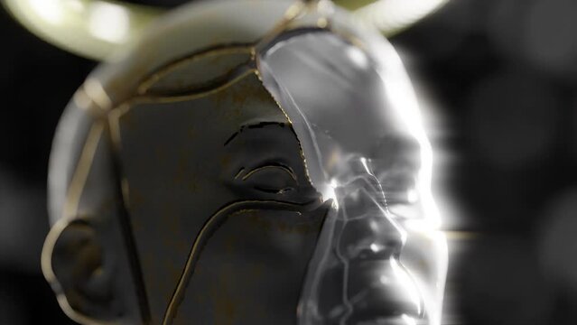 Close up of A broken human face with a golden ring above the head in a 3D animation