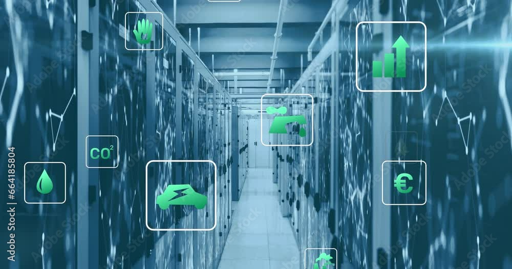 Poster animation of eco icons and data processing over computer servers