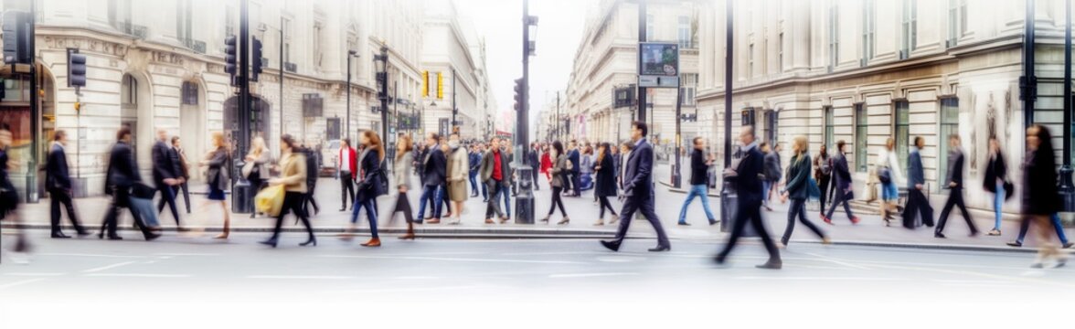Walking people blur. Lots of people walk in the City of London. Wide panoramic view of people crossing the road.
