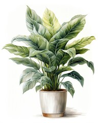 Watercolor potted houseplant isolated on white background.