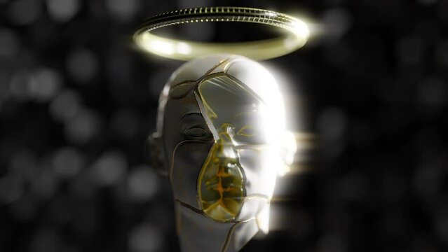 A broken human face with a golden ring above the head in a 3D animation