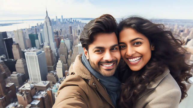 Indian Couple Taking Selfie Over New York Cityscape