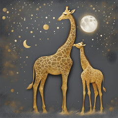 modern abstract gold painting of lovely couple giraffe at night galaxy sky moon