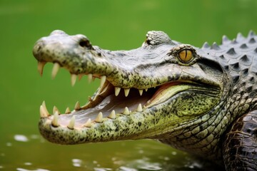 Crocodile with its mouth wide open with a green lake in the green background.