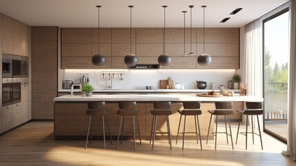 White and brown modern kitchen with wooden island - 3d rendering