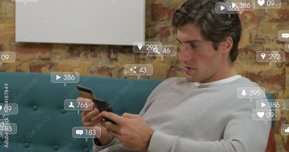 Poster animation of social media data processing over caucasian man paying with card using smarpthone