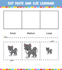 Learning sizes Cut and Paste easy activity worksheet game for children with Cute Animal
