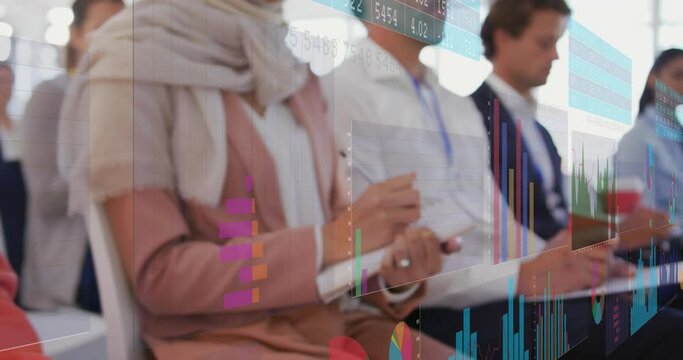 Animation of financial data processing over diverse people in conference