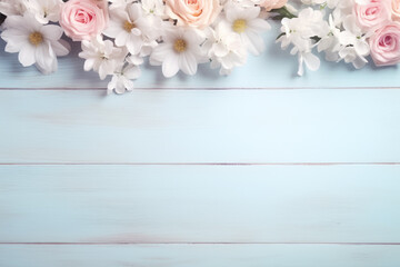 International women day, mothers day concept. Top view of flowers blossoms on bright wooden background with copy space