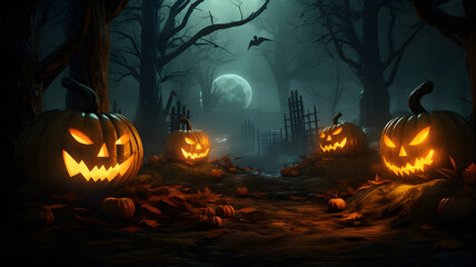 Spooky Halloween banner in a misty forest with an arrangement of glowing evil jack-o-lantern pumpkins and burning candles with dried leaves