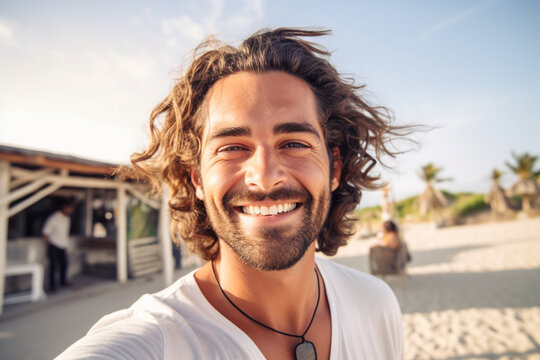 Attractive, Youthful Man Enjoying Beach Snap in Selfie Photograph