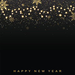 Christmas and Happy New year card with falling golden snowflakes on black. Vector
