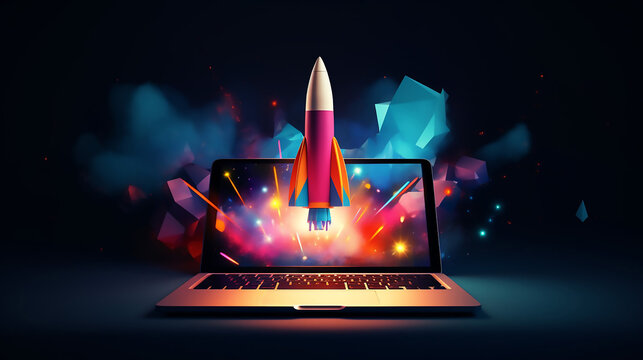 Fantastic Abstract Low Poly Rocket Launch from Laptop Fast