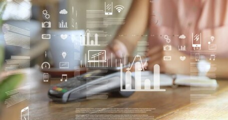 Animation of data processing over caucasian woman using smartphone paying with terminal - Powered by Adobe