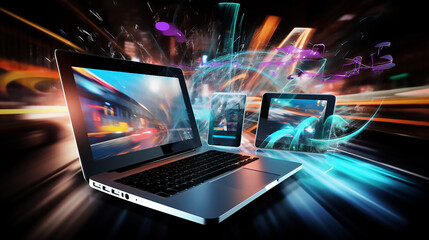 Modern Laptop Smart Phone and Tablet Transferring Data