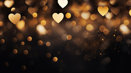 Golden Bokeh Hearts Valentine's Day Lights on Black - obrazy, fototapety, plakaty