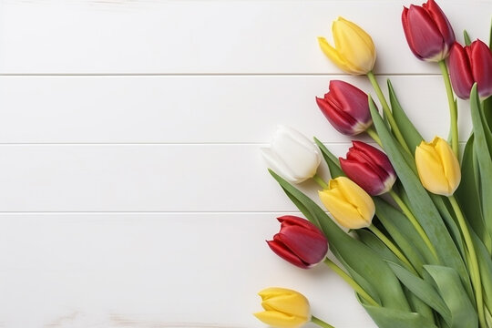 International women day, mothers day concept. Top view of tulip flowers blossoms on bright wooden background with copy space