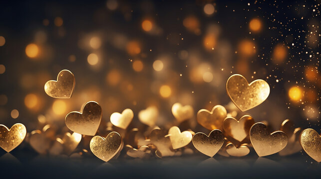 Beautiful Golden Bokeh Hearts Valentine's Day Lights on Black