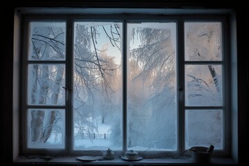 Frosty winter window view. Generative AI