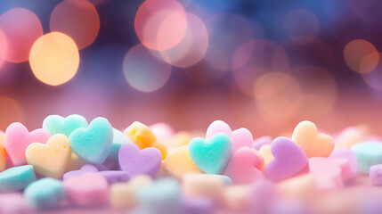 Cute Pastel Colored Candy Hearts in a Bokeh Background