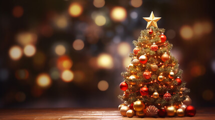 Fototapeta na wymiar Cute Christmas Tree With Baubles And Blurred Shiny Lights