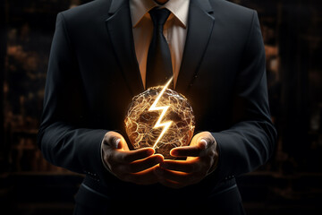 Generative AI Image of Businessman Hands with Ball and Symbol of Lightning - obrazy, fototapety, plakaty