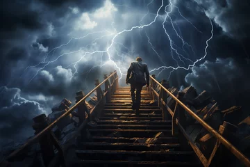 Foto op Plexiglas Generative AI Image of Businessman Walking Up Stairs with Thunderbolts in the Sky © heartiny