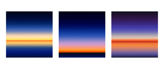 Early sunrise or late sunset colorful gradients background set. Smooth blurred wallpaper set in pink, blue, purple colors. Abstract night or evening sky horizon backdrop. Vector illustration