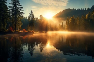 Stunning lake with morning sunlight. Generative AI