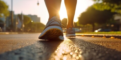 Close up on the shoe, Runner athlete feet running on the road under sunlight in the morning.