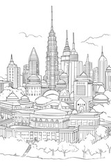 Malaysia Kuala Lumpur cityscape black and white coloring page book for adults. Asian megapolis skyline, buildings, street, landmarks vector outline sketch for anti stress