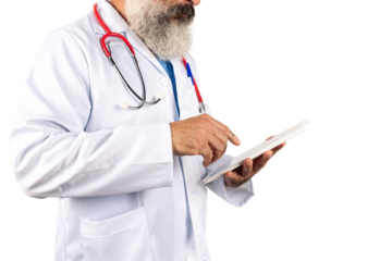 doctor holding tablet showing patient's heart rate, medical rescue concept on transparent background