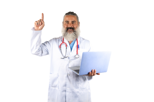 A doctor working with a laptop pointing his finger with a smiling face on a transparent background