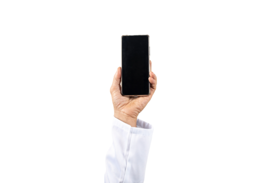 Doctor man hand holding a smartphone with black screen isolated on a transparent background
