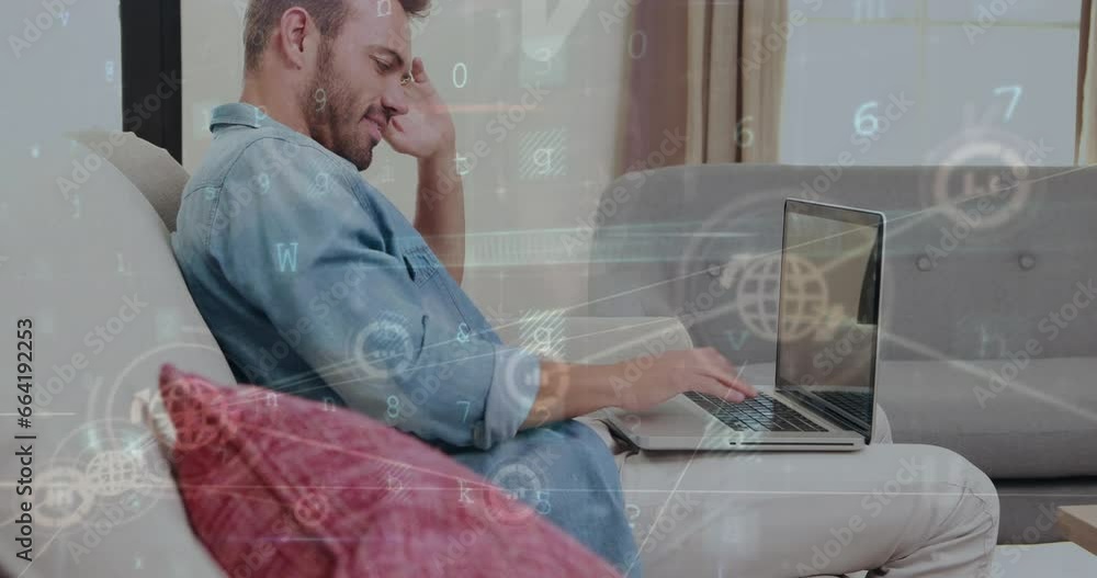Poster animation of financial data processing over caucasian man using laptop