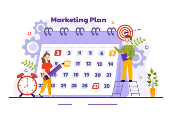 Marketing Plan and Business Strategy Vector Illustration with Effective Time Planning and Budget Growth in Target Flat Cartoon Background Design