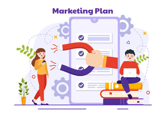 Marketing Plan and Business Strategy Vector Illustration with Effective Time Planning and Budget Growth in Target Flat Cartoon Background Design